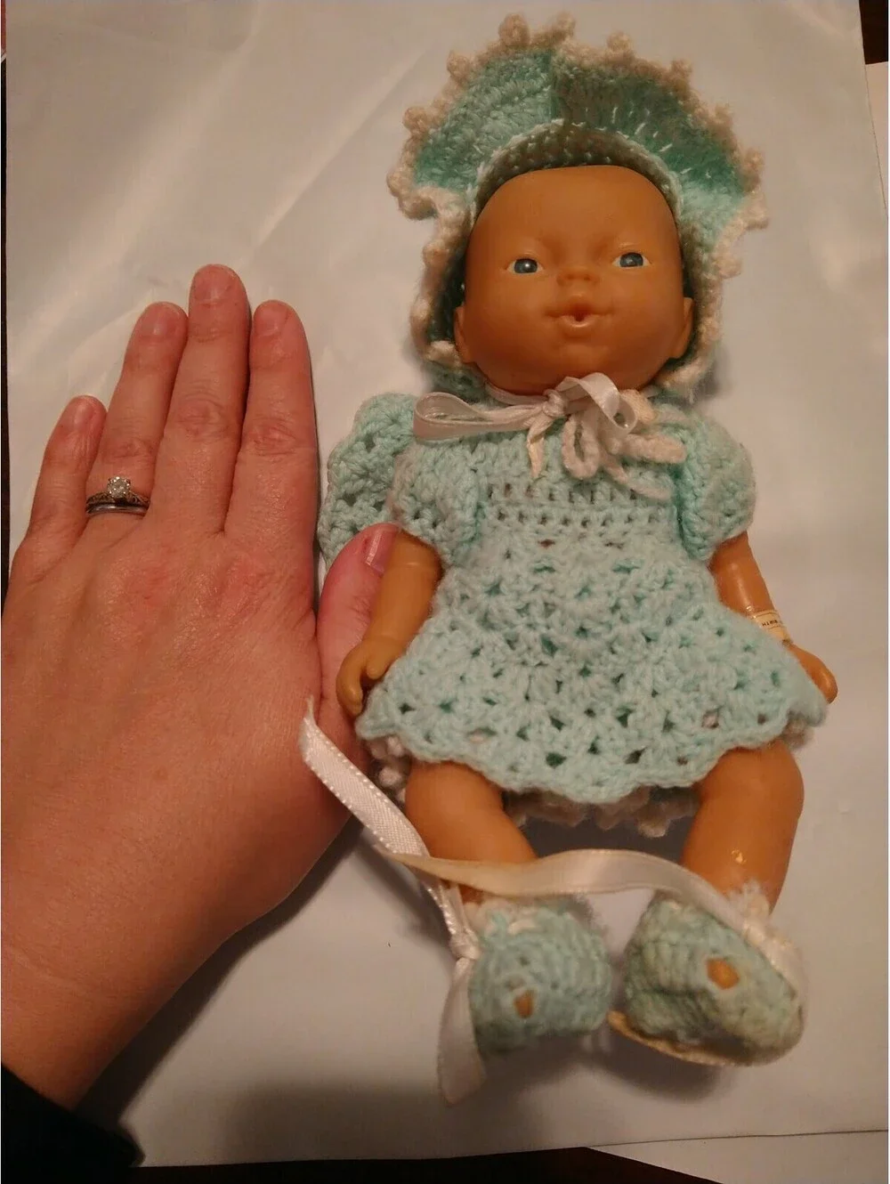 Vintage Infant Baby Doll With Hospital Band And Crocheted Clothing 087